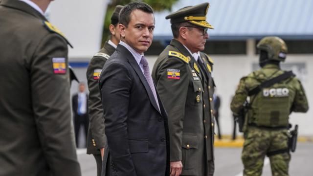 FILE - Ecuador President Daniel Noboa attends a ceremony to deliver equipment to police, at the Gral. Alberto Enriquez Gallo police school in Quito, Ecuador, Jan. 22, 2024. Ecuadorians head to the polls Sunday, April 21, 2024, in a referendum touted by Noboa as a way to crack down on criminal gangs behind a spiraling wave of violence. (AP Photo/Dolores Ochoa, File) FILE - Ecuador President Daniel Noboa attends a ceremony to deliver equipment to police, at the Gral. Alberto Enriquez Gallo police school in Quito, Ecuador, Jan. 22, 2024. Ecuadorians head to the polls Sunday, April 21, 2024, in a referendum touted by Noboa as a way to crack down on criminal gangs behind a spiraling wave of violence. (AP Photo/Dolores Ochoa, File)
