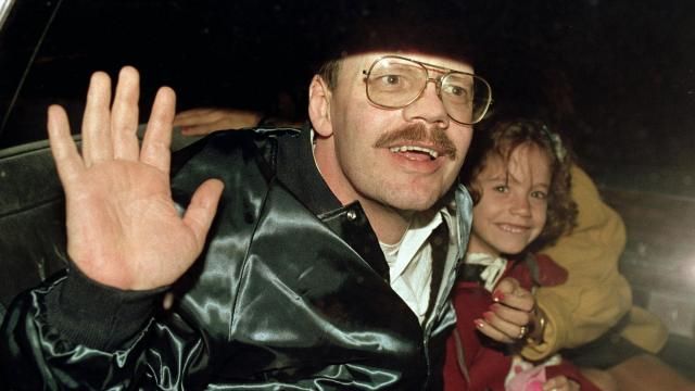 FILE - Terry Anderson, who was the longest held American hostage in Lebanon, grins with his 6-year-old daughter Sulome, Dec. 4, 1991, as they leave the U.S. Ambassador's residence in Damascus, Syria, following Anderson's release. Anderson, the globe-trotting Associated Press correspondent who became one of America’s longest-held hostages after he was snatched from a street in war-torn Lebanon in 1985 and held for nearly seven years, died Sunday, April 21, 2024. He was 76. (AP Photo/Santiago Lyon, File) FILE - Terry Anderson, who was the longest held American hostage in Lebanon, grins with his 6-year-old daughter Sulome, Dec. 4, 1991, as they leave the U.S. Ambassador's residence in Damascus, Syria, following Anderson's release. Anderson, the globe-trotting Associated Press correspondent who became one of America’s longest-held hostages after he was snatched from a street in war-torn Lebanon in 1985 and held for nearly seven years, died Sunday, April 21, 2024. He was 76. (AP Photo/Santiago Lyon, File)