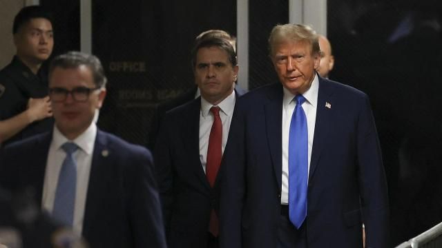 Former president Donald Trump arrives at Manhattan criminal court, Monday, April 22, 2024, in New York. Opening statements in Donald Trump's historic hush money trial are set to begin. Trump is accused of falsifying internal business records as part of an alleged scheme to bury stories he thought might hurt his presidential campaign in 2016. (AP Photo/Yuki Iwamura, Pool)