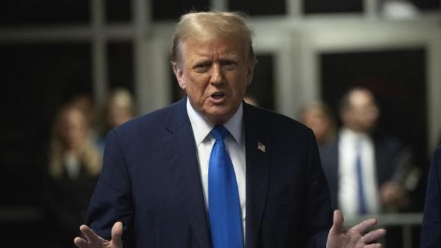 Former president Donald Trump speaks to the media after the first day of opening arguments in his trial at Manhattan Criminal Court for falsifying documents related to hush money payments, in New York, NY, on Monday, April 22, 2024. The former President is expected to spend the next 6 or so weeks in attendance at his trial for falsification of business records, to cover up payments to Stormy Daniels, an adult film star who allegedly had an encounter with the President before he was in office. Photographer: Victor J. Blue for The Washington Post/ Pool Former president Donald Trump speaks to the media after the first day of opening arguments in his trial at Manhattan Criminal Court for falsifying documents related to hush money payments, in New York, NY, on Monday, April 22, 2024. The former President is expected to spend the next 6 or so weeks in attendance at his trial for falsification of business records, to cover up payments to Stormy Daniels, an adult film star who allegedly had an encounter with the President before he was in office. Photographer: Victor J. Blue for The Washington Post/ Pool