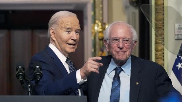 FILE - President Joe Biden stands with Sen. Bernie Sanders, I-Vt., after speaking about lowering health care costs in the Indian Treaty Room at the Eisenhower Executive Office Building on the White House complex in Washington, Wednesday, April 3, 2024. (AP Photo/Mark Schiefelbein) FILE - President Joe Biden stands with Sen. Bernie Sanders, I-Vt., after speaking about lowering health care costs in the Indian Treaty Room at the Eisenhower Executive Office Building on the White House complex in Washington, Wednesday, April 3, 2024. (AP Photo/Mark Schiefelbein)