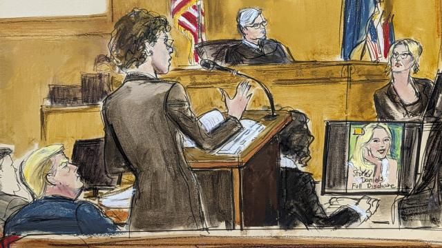In this courtroom sketch, defense attorney Susan Necheles, center, cross examines Stormy Daniels, far right, whose real name is Stephanie Clifford, as former President Donald Trump, left, looks on with Judge Juan Merchan presiding during Trump's trial in Manhattan criminal court, Tuesday, May 7, 2024, in New York. (Elizabeth Williams via AP) In this courtroom sketch, defense attorney Susan Necheles, center, cross examines Stormy Daniels, far right, whose real name is Stephanie Clifford, as former President Donald Trump, left, looks on with Judge Juan Merchan presiding during Trump's trial in Manhattan criminal court, Tuesday, May 7, 2024, in New York. (Elizabeth Williams via AP)