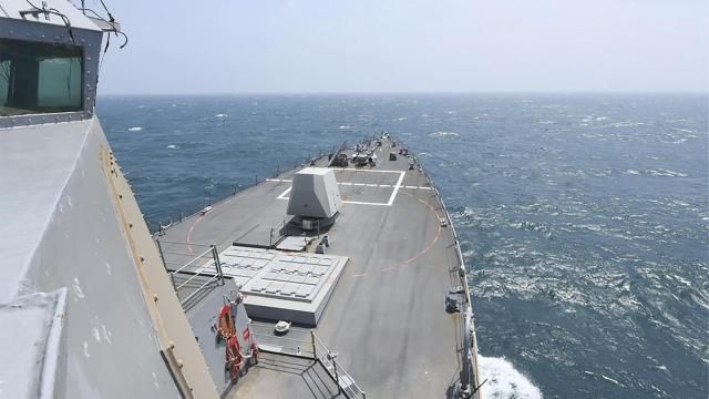 In this photo provided by the U.S. Navy, the Arleigh Burke-class guided-missile destroyer USS Halsey (DDG 97) conducts routine underway operations while transiting through the Taiwan Strait Wednesday, May 8, 2024. (Mass Communication Specialist 3rd class Ismael Martinez/U.S. Navy via AP) In this photo provided by the U.S. Navy, the Arleigh Burke-class guided-missile destroyer USS Halsey (DDG 97) conducts routine underway operations while transiting through the Taiwan Strait Wednesday, May 8, 2024. (Mass Communication Specialist 3rd class Ismael Martinez/U.S. Navy via AP)