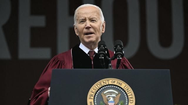 **This image is for use with this specific article only** US President Joe Biden delivers a commencement address during Morehouse College's graduation ceremony in Atlanta, Georgia on May 19. Mandatory Credit: Andrew Caballero-Reynolds/AFP/Getty Images via CNN Newsource.