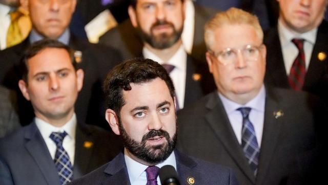 FILE — Rep. Mike Lawler (R-N.Y.) speaks at a news conference with fellow Republicans to criticize New York Gov. Kathy Hochul’s policies at the State Capitol in Albany on Jan. 14, 2025. Lawler, whose seat projects to be among the most contested next year, raised doubt about the order but supported DOGE overall. (Cindy Schultz/The New York Times)