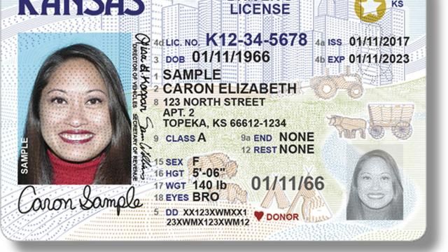 FILE - This undated photo provided by the Kansas Department of Revenue shows a Kansas REAL ID. (Kansas Department of Revenue via AP, File)