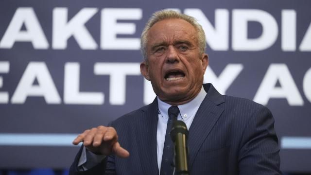 FILE - U.S. Health and Human Services Secretary Robert F. Kennedy, Jr speaks during a Make Indiana Healthy Again initiative event in Indianapolis, April 15, 2025.  (AP Photo/Michael Conroy, file)