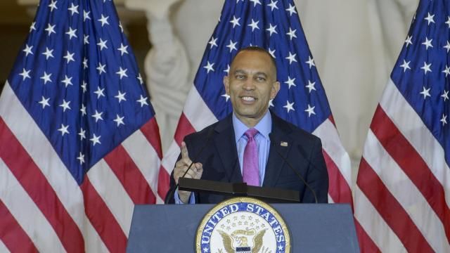 House Minority Leader Hakeem Jeffries, D-N.Y.,speaks during a Congressional Gold Medal Ceremony honoring the U.S. Army's 6888th Central Postal Directory Battalion, on Capitol Hill, Tuesday, April 29, 2025, in Washington. The U.S. Army's 6888th Central Postal Directory Battalion, also known as the "Six Triple Eight", was a group of Black servicewomen, serving overseas, to sort millions of pieces of mail and deliver them to the troops in the field of battle during World War II. (AP Photo/Rod Lamkey, Jr.)