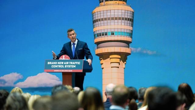 Transportation Secretary Sean Duffy announces a new air traffic control infrastructure plan, Thursday, May 8, 2025, in Washington. (AP Photo/Julia Demaree Nikhinson)