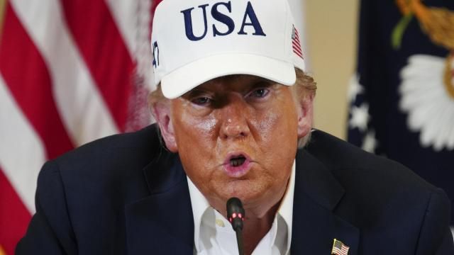 President Donald J. Trump speaks at a roundtable discussion at the Community Emergency Operations Center in Kerrville, Texas, Friday, July 11, 2025. (Ricardo B. Brazziell/Austin American-Statesman via AP)