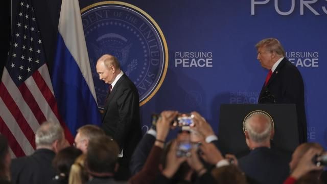President Donald Trump, right, and Russia's President Vladimir Putin depart at the conclusion of a joint press conference at Joint Base Elmendorf-Richardson, Alaska, Friday, Aug. 15, 2025. (AP Photo/Jae C. Hong)