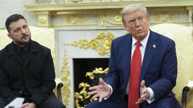 President Donald Trump answers questions from reporters alongside President Volodymyr Zelenskyy of Ukraine in the Oval Office of the White House in Washington, on Monday, Aug. 18, 2025. President Zelenskyy, whose last Oval Office meeting ended in acrimony, was expected to hear a plan from President Trump to cede land to Russia in exchange for security guarantees. (Doug Mills/The New York Times)