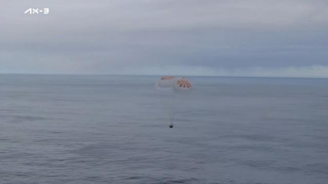 This photo provided by Axiom Space shows a SpaceX capsule parachuting into the Atlantic Ocean on Friday, Feb. 9, 2024 off the Florida coast. Astronauts from Turkey, Italy and Sweden returned to Earth on Friday, ending a private three-week mission to the International Space Station. (Axiom Space via AP) This photo provided by Axiom Space shows a SpaceX capsule parachuting into the Atlantic Ocean on Friday, Feb. 9, 2024 off the Florida coast. Astronauts from Turkey, Italy and Sweden returned to Earth on Friday, ending a private three-week mission to the International Space Station. (Axiom Space via AP)