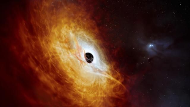 This illustration provided by the European Southern Observatory in February 2024, depicts the record-breaking quasar J059-4351, the bright core of a distant galaxy that is powered by a supermassive black hole. The supermassive black hole, seen here pulling in surrounding matter, has a mass 17 billion times that of the Sun and is growing in mass by the equivalent of another Sun per day, making it the fastest-growing black hole ever known. (M. Kornmesser/ESO via AP)