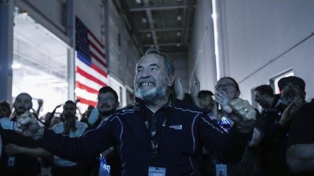 Main Engine Control Computer designer for Intuitive Machines Dan Harrison cheers amongst fellow employees during a watch party moments after they became the first commercial company to softly land on the moon on Thursday, Feb. 22, 2024, in Houston. ( Raquel Natalicchio/Houston Chronicle via AP) Main Engine Control Computer designer for Intuitive Machines Dan Harrison cheers amongst fellow employees during a watch party moments after they became the first commercial company to softly land on the moon on Thursday, Feb. 22, 2024, in Houston. ( Raquel Natalicchio/Houston Chronicle via AP)