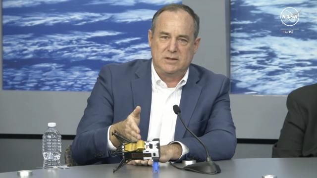 In this image from video provided by NASA, Steve Altemus, CEO and co-founder of Intuitive Machines, describes how it is believed the company's Odysseus spacecraft landed on the surface of the moon, during a news conference in Houston on Friday, Feb. 23, 2024. (NASA via AP) In this image from video provided by NASA, Steve Altemus, CEO and co-founder of Intuitive Machines, describes how it is believed the company's Odysseus spacecraft landed on the surface of the moon, during a news conference in Houston on Friday, Feb. 23, 2024. (NASA via AP)