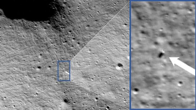 These photos provided by NASA show images from NASA’s Lunar Reconnaissance Orbiter Camera team which confirmed Odysseus completed its landing. After traveling more than 600,000 miles, Odysseus landed within 1.5 km of its intended Malapert A landing site, using a contingent laser range-finding system patched hours before landing. (NASA/Goddard/Arizona State University via AP) These photos provided by NASA show images from NASA’s Lunar Reconnaissance Orbiter Camera team which confirmed Odysseus completed its landing. After traveling more than 600,000 miles, Odysseus landed within 1.5 km of its intended Malapert A landing site, using a contingent laser range-finding system patched hours before landing. (NASA/Goddard/Arizona State University via AP)