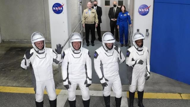Astronauts, from left, Russian cosmonaut Alexander Grebenkin, pilot Michael Barratt, commander Matthew Dominick, and mission specialist Jeanette Epps wave to the media as they leave the Operations and Checkout building for a trip to Launch Pad 39-A, Sunday, March 3, 2024, at the Kennedy Space Center in Cape Canaveral, Fla. Four astronauts are scheduled to liftoff on a trip to the International Space Station. (AP Photo/John Raoux) Astronauts, from left, Russian cosmonaut Alexander Grebenkin, pilot Michael Barratt, commander Matthew Dominick, and mission specialist Jeanette Epps wave to the media as they leave the Operations and Checkout building for a trip to Launch Pad 39-A, Sunday, March 3, 2024, at the Kennedy Space Center in Cape Canaveral, Fla. Four astronauts are scheduled to liftoff on a trip to the International Space Station. (AP Photo/John Raoux)