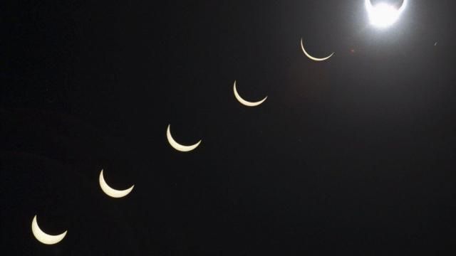 FILE - The progression of a total solar eclipse is seen in a multiple exposure photograph taken in 5-minute intervals, with the moon passing in front of the sun above Siem Reap in northwestern Cambodia, 225 kilometers (140 miles) from Phnom Penh, on Tuesday, Oct. 24, 1995. (AP Photo/Richard Vogel, File) FILE - The progression of a total solar eclipse is seen in a multiple exposure photograph taken in 5-minute intervals, with the moon passing in front of the sun above Siem Reap in northwestern Cambodia, 225 kilometers (140 miles) from Phnom Penh, on Tuesday, Oct. 24, 1995. (AP Photo/Richard Vogel, File)