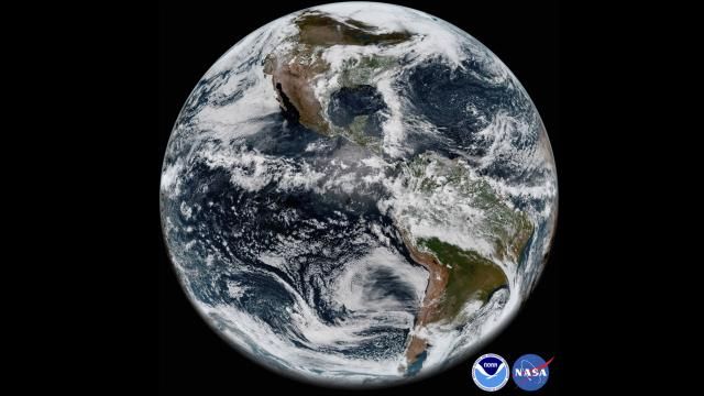 FILE - This image provided by NOAA/NASA In This May 31, 2018 satellite image shows the Earth's western hemisphere at 12:00 p.m. EDT on May 20, 2018, made by the new GOES-17 satellite, using the Advanced Baseline Imager (ABI) instrument. For the first time in history, world timekeepers may have to consider subtracting a second from our clocks in a few years because the planet is rotating a tad faster. (NOAA/NASA via AP, File)