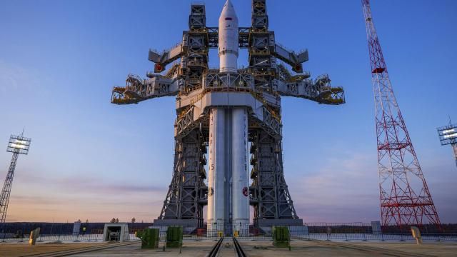 In this photo released by Roscosmos space corporation on Wednesday, April 3, 2024 an Angara-A5 rocket is seen during preparation for the launch at Vostochny space launch facility outside the city of Tsiolkovsky, about 200 kilometers (125 miles) from the city of Blagoveshchensk in the far eastern Amur region, Russia. The Angara-A5 is a new heavy-lift rocket developed in Russia. (Roscosmos space corporation via AP) In this photo released by Roscosmos space corporation on Wednesday, April 3, 2024 an Angara-A5 rocket is seen during preparation for the launch at Vostochny space launch facility outside the city of Tsiolkovsky, about 200 kilometers (125 miles) from the city of Blagoveshchensk in the far eastern Amur region, Russia. The Angara-A5 is a new heavy-lift rocket developed in Russia. (Roscosmos space corporation via AP)