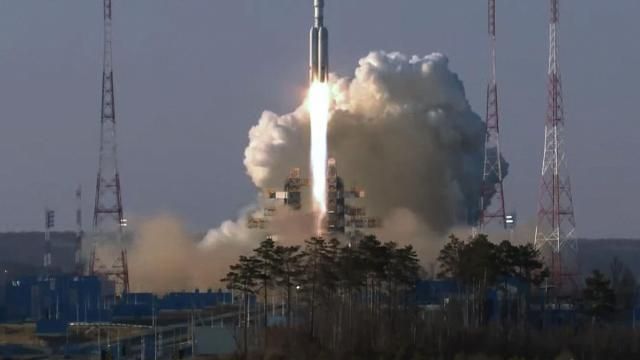 In this grab taken from video released by Roscosmos space corporation on Thursday, April 11, 2024 an Angara-A5 rocket lifts off from Vostochny space launch facility outside the city of Tsiolkovsky, about 200 kilometers (125 miles) from the city of Blagoveshchensk in the far eastern Amur region, Russia. Russia on Thursday successfully test-launched a new heavy-lift rocket from its Far Eastern space complex, a lift-off that comes after two aborted attempts earlier in themweek. (Roscosmos Space Corporation via AP) In this grab taken from video released by Roscosmos space corporation on Thursday, April 11, 2024 an Angara-A5 rocket lifts off from Vostochny space launch facility outside the city of Tsiolkovsky, about 200 kilometers (125 miles) from the city of Blagoveshchensk in the far eastern Amur region, Russia. Russia on Thursday successfully test-launched a new heavy-lift rocket from its Far Eastern space complex, a lift-off that comes after two aborted attempts earlier in themweek. (Roscosmos Space Corporation via AP)