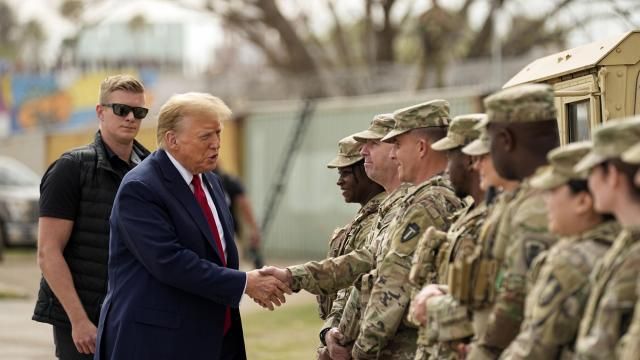 FILE - Republican presidential candidate former President Donald Trump greets members of the National Guard on the U.S.-Mexico border, Feb. 29, 2024, in Eagle Pass, Texas. Recent statements by Trump have fueled Democrats' sense that there's an opening among voters with strong military ties, and progressive veterans' organizations are working to bridge the gap with what has long been a reliably red constituency. (AP Photo/Eric Gay, File) FILE - Republican presidential candidate former President Donald Trump greets members of the National Guard on the U.S.-Mexico border, Feb. 29, 2024, in Eagle Pass, Texas. Recent statements by Trump have fueled Democrats' sense that there's an opening among voters with strong military ties, and progressive veterans' organizations are working to bridge the gap with what has long been a reliably red constituency. (AP Photo/Eric Gay, File)
