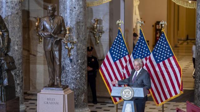 Rev. Franklin Graham, son of the late Rev. Billy Graham, speaks after unveiling a bronzed sculpture of his father at the U.S. Capitol in Washington, where it will stand on behalf of his native North Carolina, Thursday, May 16, 2024. Known as America's pastor, Graham died in 2018 at age 99. (AP Photo/J. Scott Applewhite)
