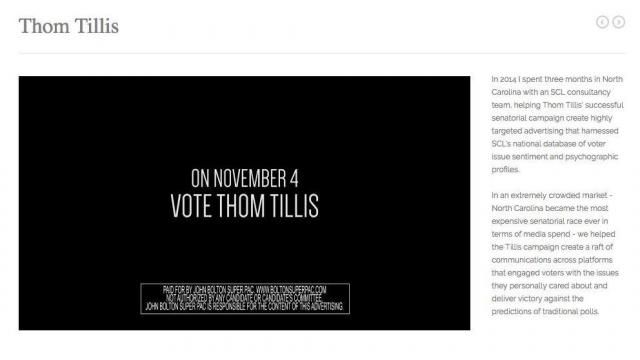 Screenshot from former Cambridge Analytica worker Tim Glister's websites