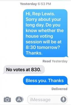 Text exchange between David Lewis and Laura Leslie