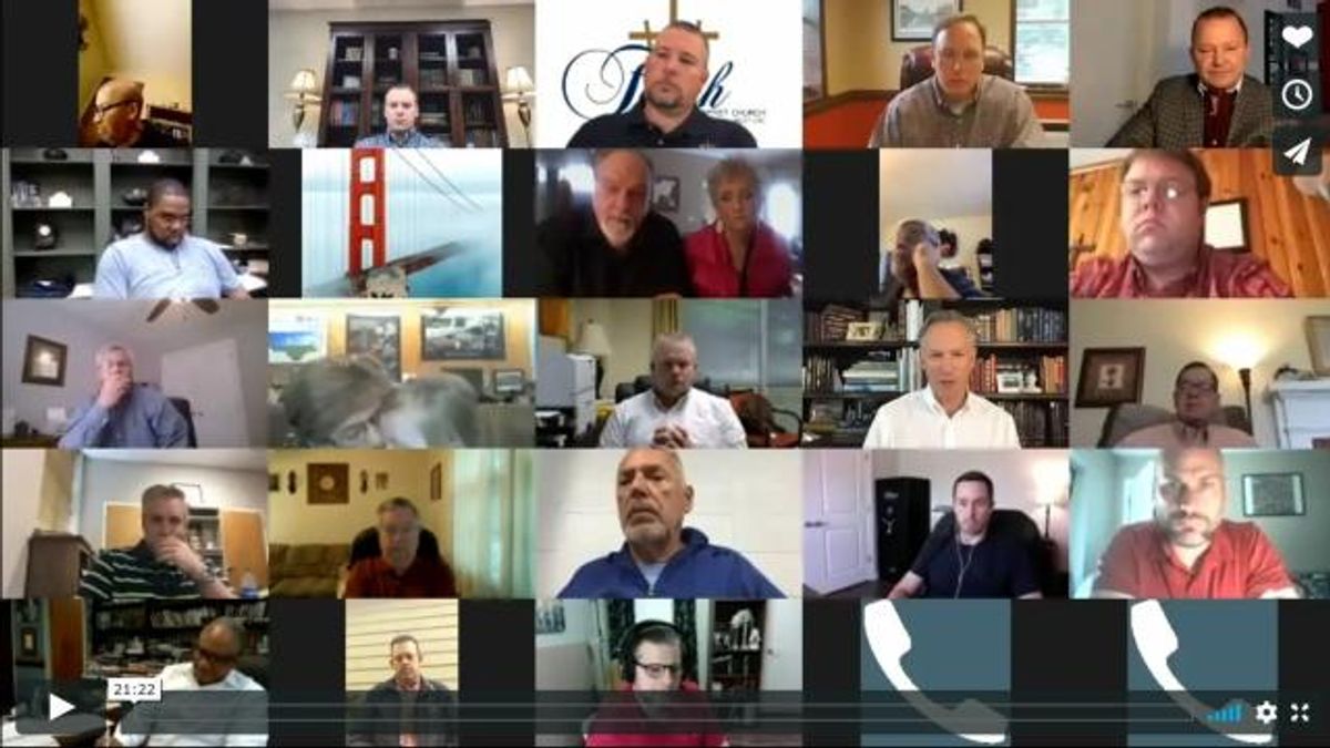 Screen shot of a video call between North Carolina Lt. Gov. Dan Forest and pastors around the state, May 14, 2020.
