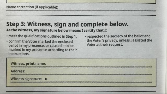 The witness section of a 2020 NC general election absentee ballot envelope.