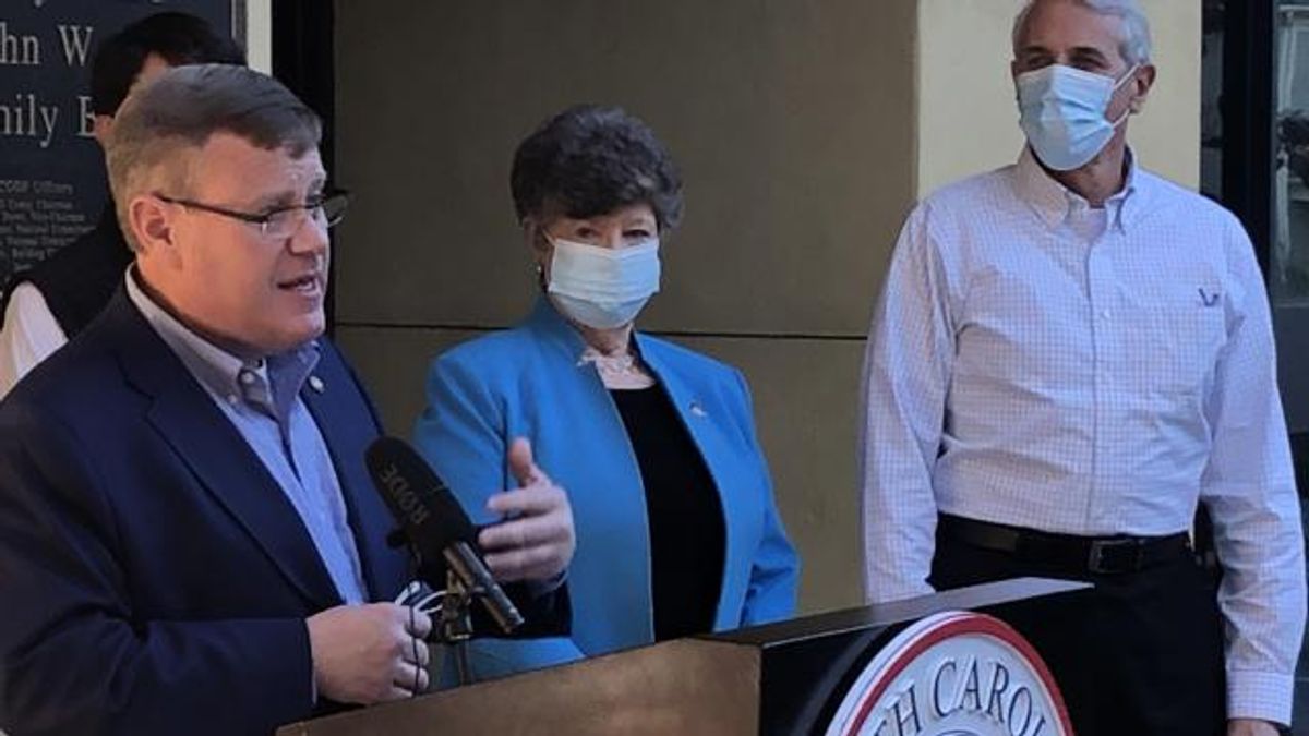 NC Speaker of the House Tim Moore (left) at a press conference November 16, 2020.