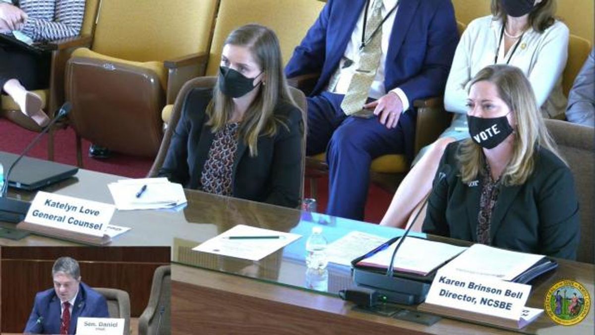 State Board of Elections Director Karen Brinson Bell (right) answers NC Senate committee questions, March 23, 2021.