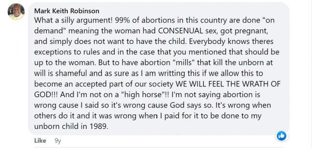 Mark Robinson August 2012 Facebook comment on abortion