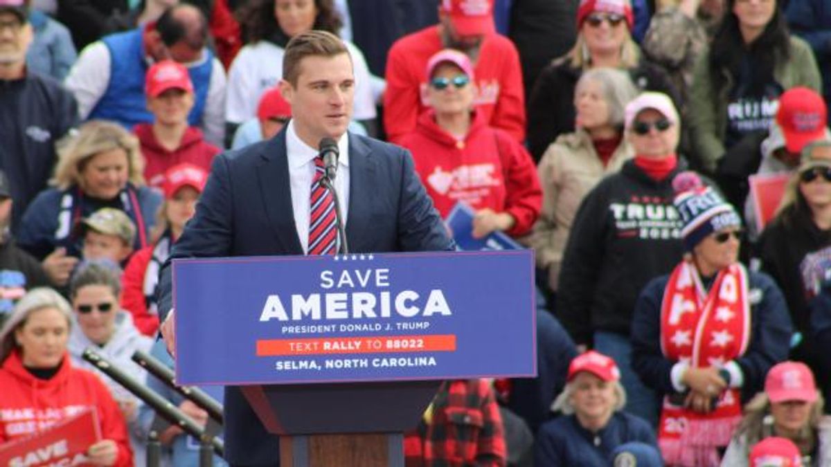 NC congressional candidate Bo Hines appears at a Donald Trump rally in Selma in April 2022.