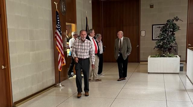 Freedom Caucus members leave Speaker of the House Tim Moore's office, Sept. 11, 2023.
