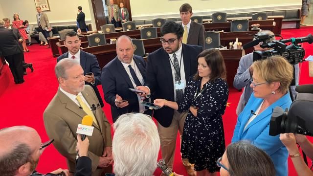 Sen. Phil Berger, R-Rockingham, meets with reporters on Tuesday, Sept. 12, 2023 to discuss the status of budget negotiations with the House. Lawmakers are trying to pass a state budget amid an impasse over including a proposal to expand gambling.