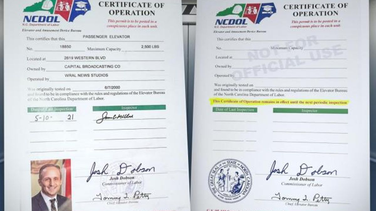 Elevator inspection certificate