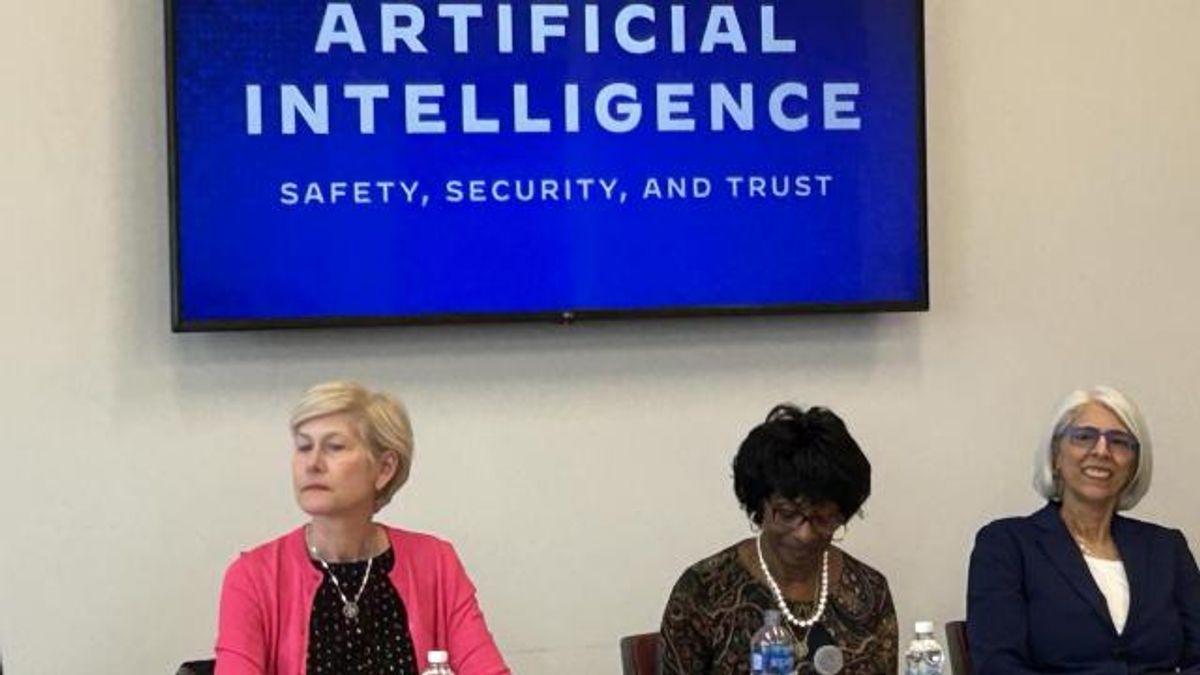 U.S. Rep. Deborah Ross, U.S. Rep. Valerie Foushee, and Biden administration science advisor Arati Prabhakar speak at an AI roundtable at NC Central University on Feb. 20, 2024.