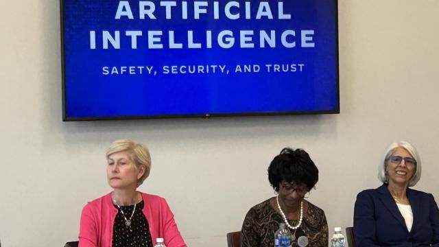 U.S. Rep. Deborah Ross, U.S. Rep. Valerie Foushee, and Biden administration science advisor Arati Prabhakar speak at an AI roundtable at NC Central University on Feb. 20, 2024.