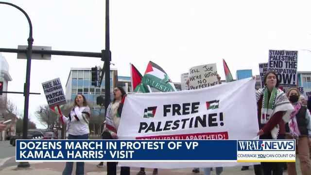Dozens march in protest of VP Kamala Harris visit  