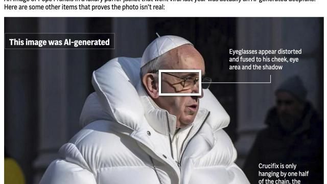 A deepfake AI-generated image of Pope Francis highlights errors in the image. (AP Digital Embed)