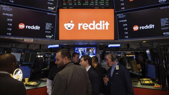 FILE - Reddit Inc. signage is seen on the New York Stock Exchange trading floor, prior to Reddit IPO, Thursday, March. 21, 2024. OpenAI and Reddit are teaming up in a deal that will bring the social media platform's content to ChatGPT. Shares of Reddit jumped 17% before the market open on Friday, May 17. (AP Photo/Yuki Iwamura, File)