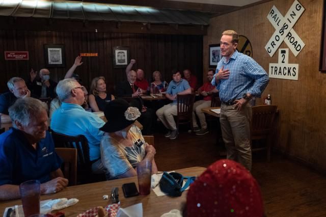 Republican Ted Budd campaigns for the U.S. Senate in Claremont, NC