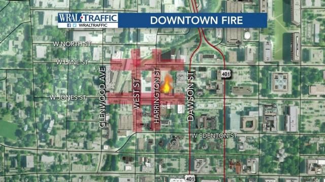Roads closed after fire in downtown Raleigh