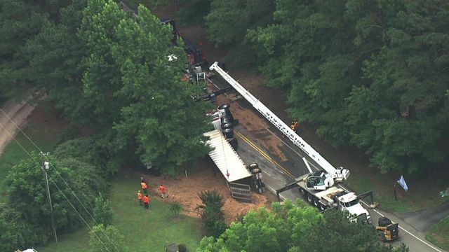 Sky 5 flies over a truck crash in north Raleigh