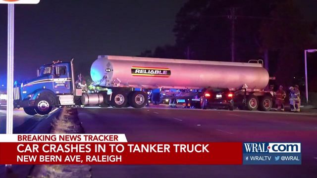 Car crashes into gasoline tanker in Raleigh