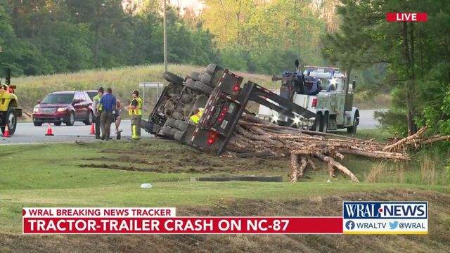 Tractor-trailer overturns on NC 87 in Harnett County