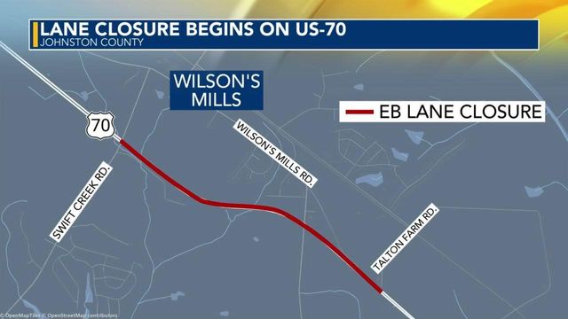 Lane closure begins on US 70 in Johnston County